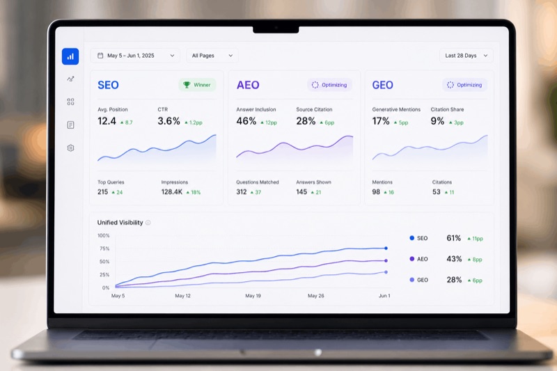 Dashboard de vizibilitate SEO, AEO și GEO