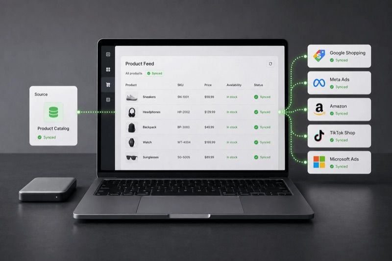 Feed de produse sincronizat către Google Shopping, Meta, Amazon și TikTok