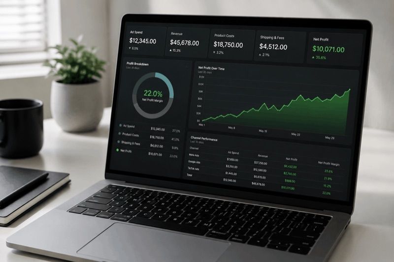 Dashboard de profit - optimizare POAS cu net profit și marjă pe fiecare canal