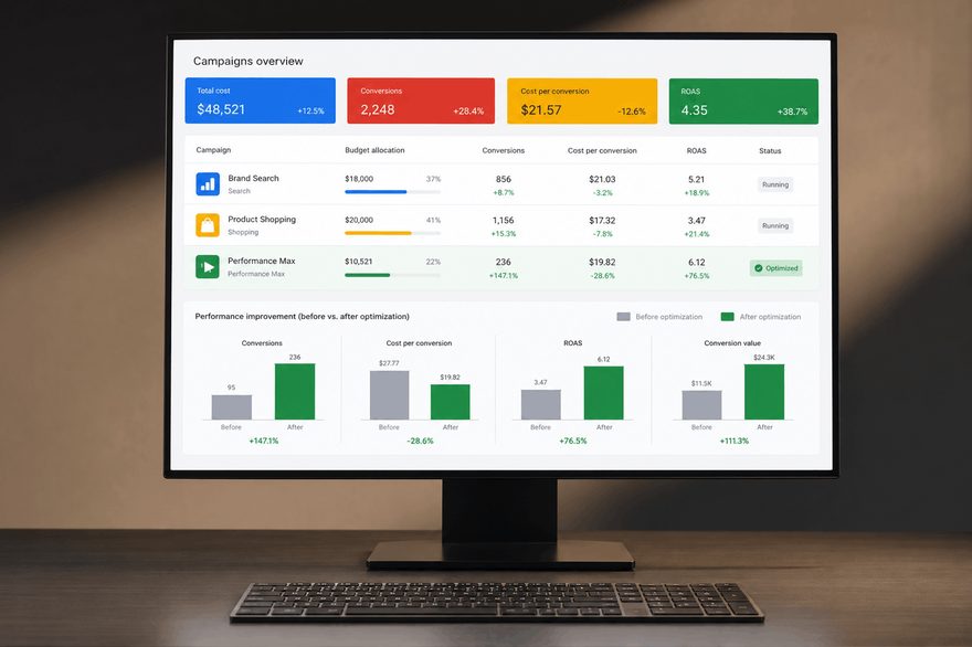 Ecran Google Ads cu privirea de ansamblu pe campanii: cost, conversii, cost pe conversie și ROAS.