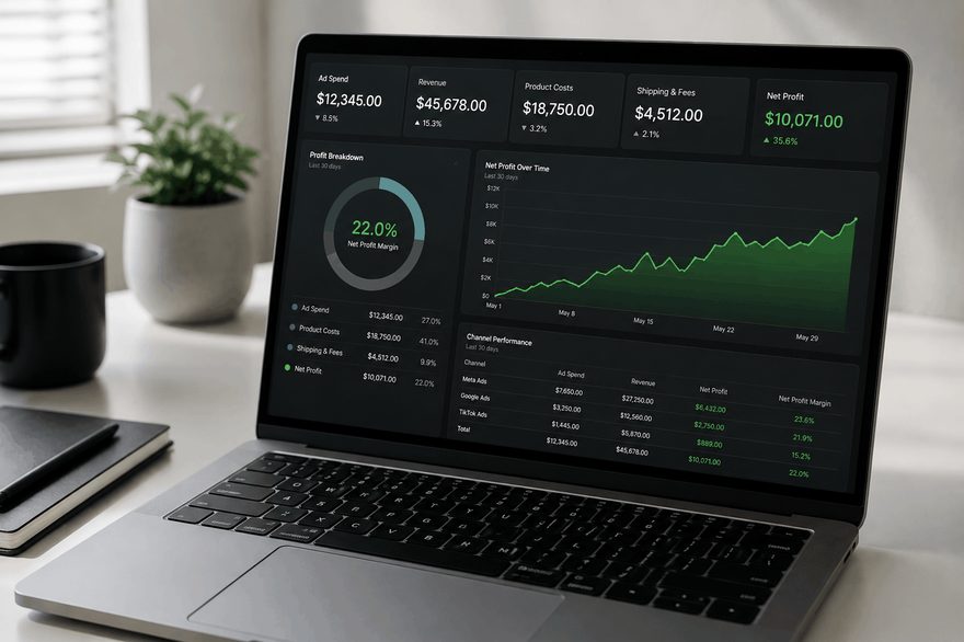 Laptop cu un dashboard de performanță: cheltuială, venit, costul produselor și marja, defalcate pe canale.
