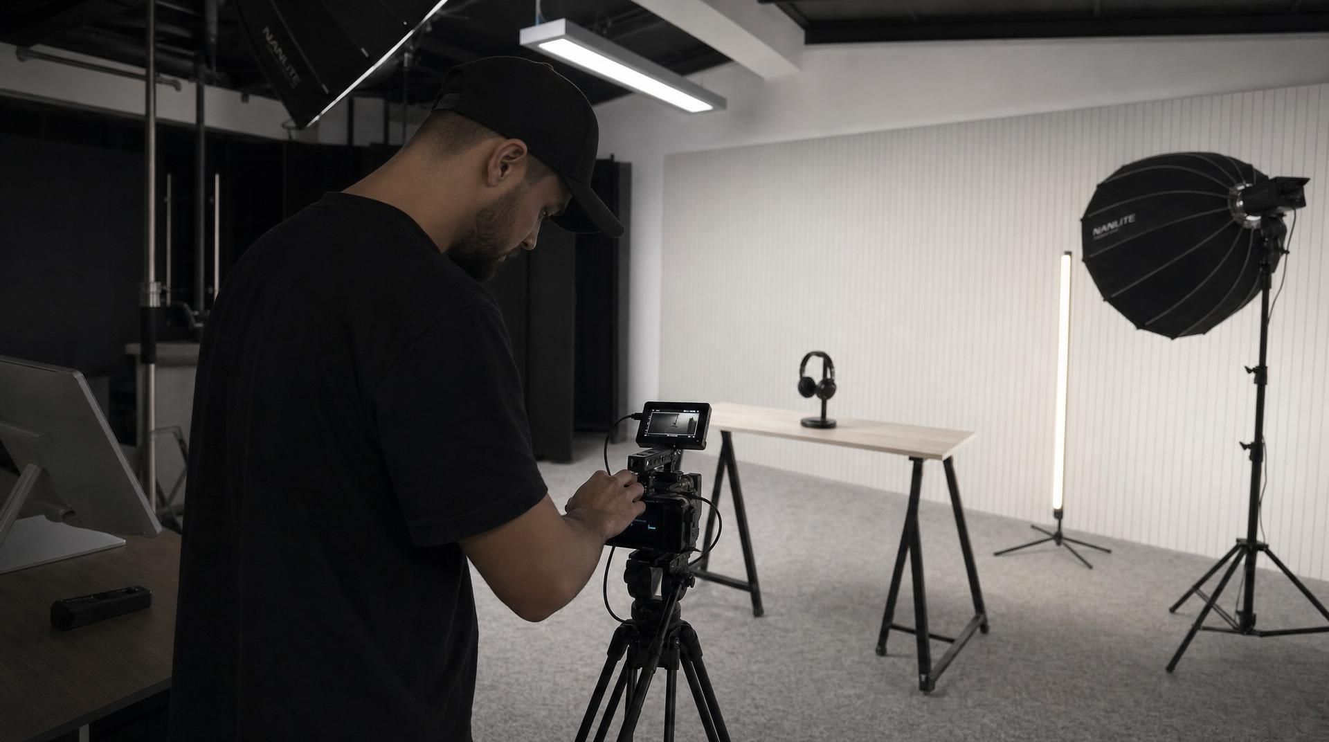 Echipa BigConvert pe platou, filmând cu camera pe trepied
